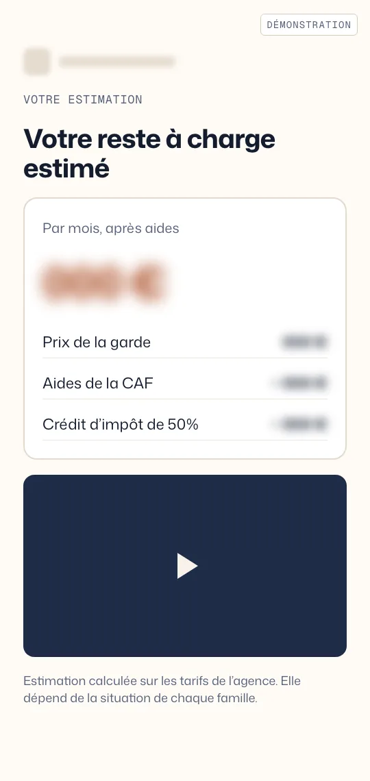 Écran de démonstration de l’estimation du reste à charge après crédit d’impôt, montants floutés