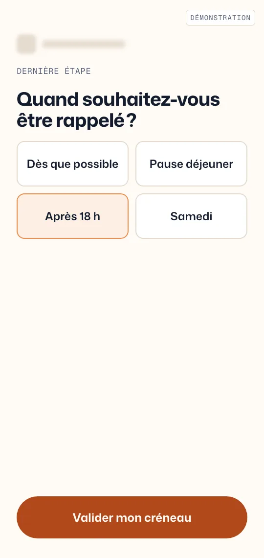 Écran de démonstration du choix du créneau de rappel : dès que possible, pause déjeuner, après 18 h ou samedi